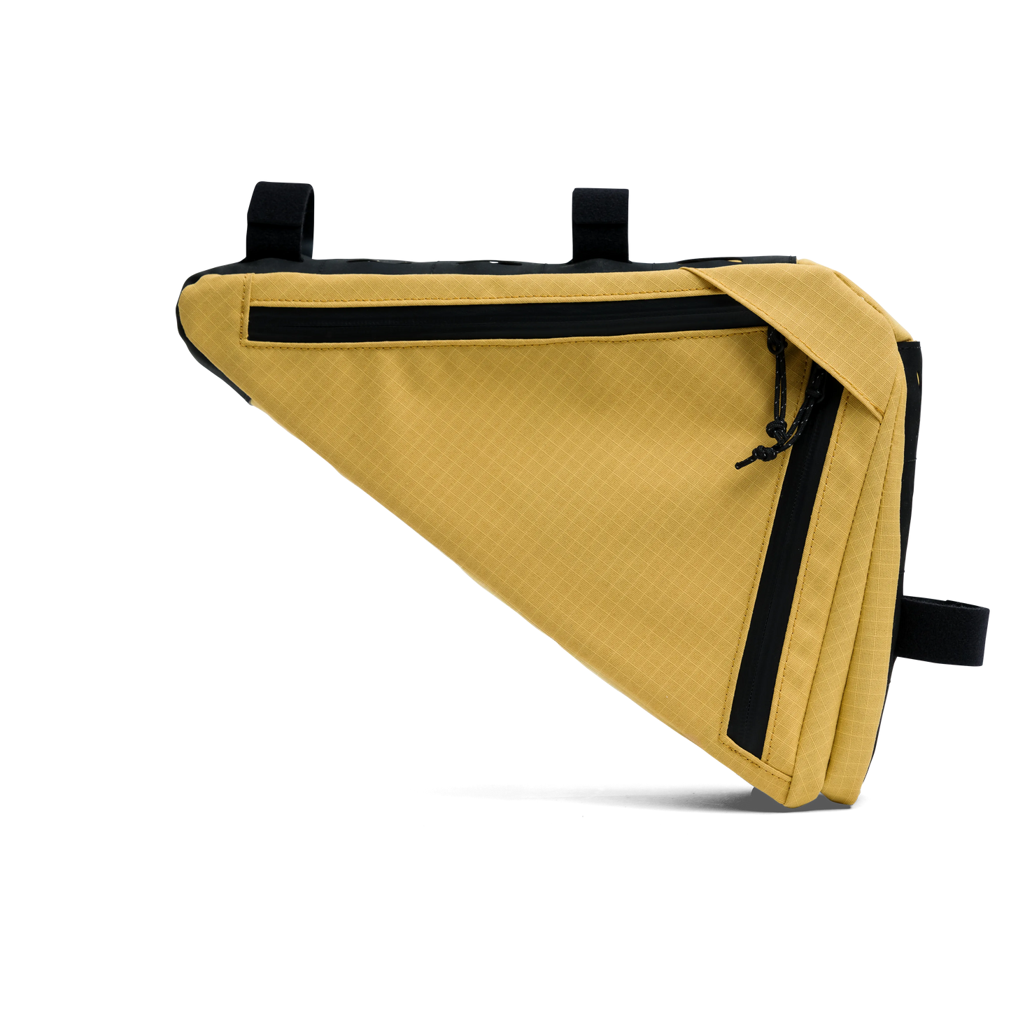Zijaanzicht van de gele Capsuled Triangle Bag die de waterdichte rits toont.