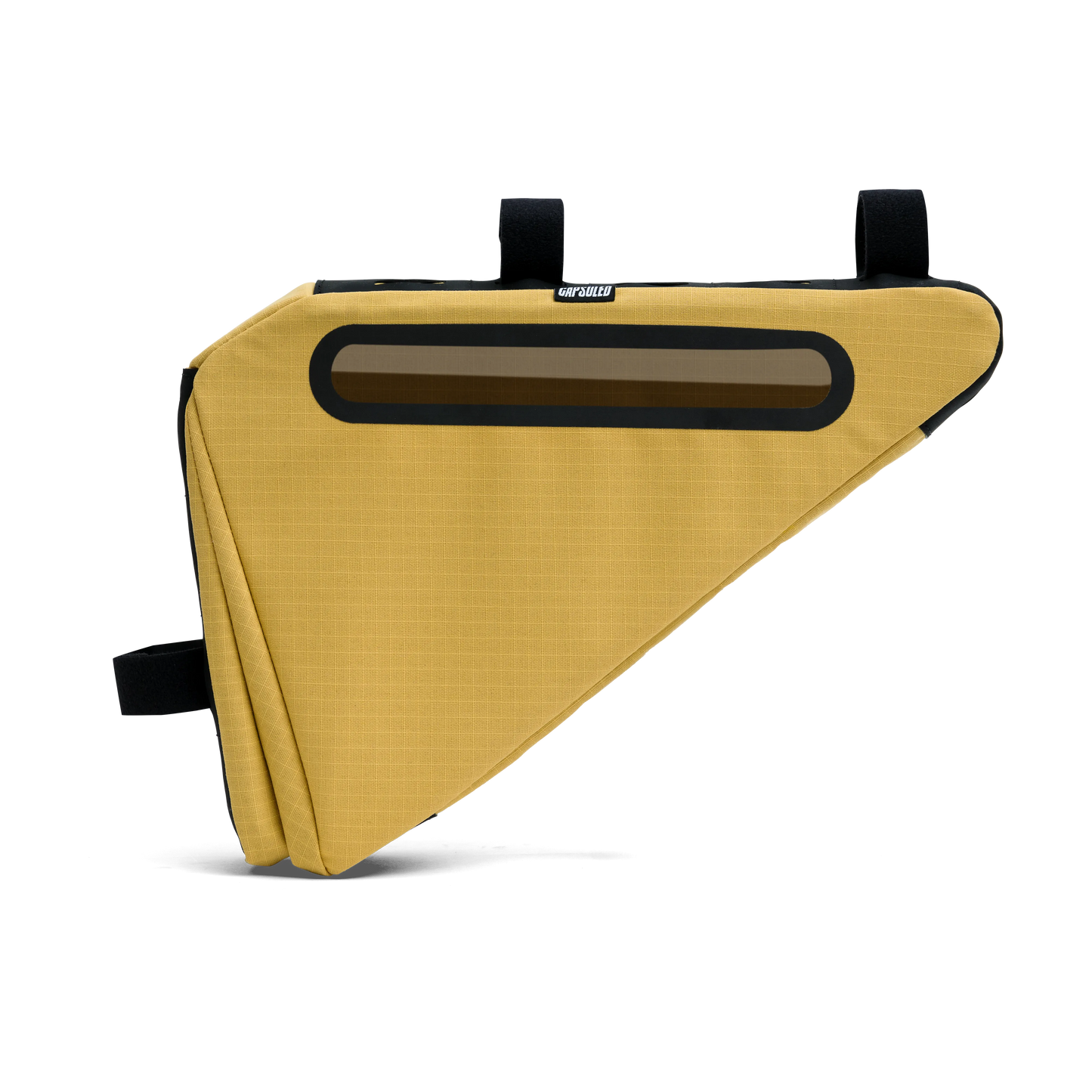 Zijaanzicht van de Capsuled Triangle Bag 3L in de kleur Ochre (okergeel) met het Peek-venster.