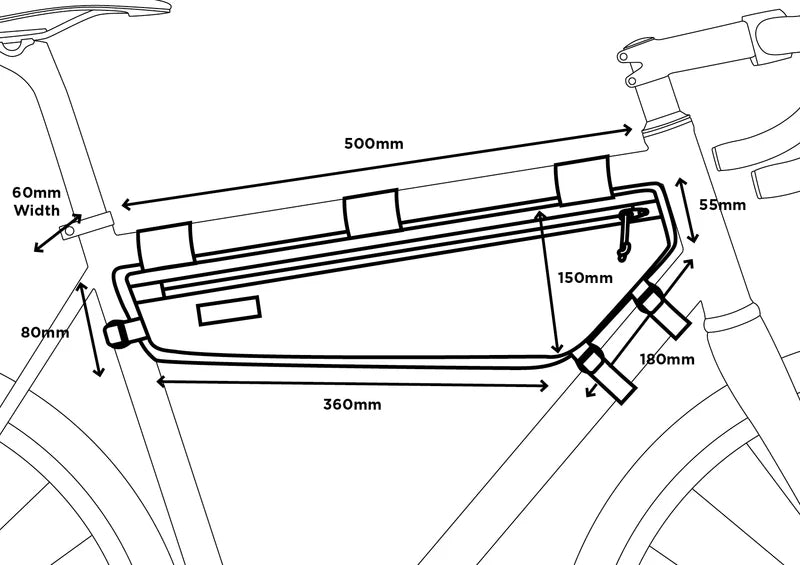 Technische tekening met de afmetingen van de Restrap Frame Bag Large, inclusief lengte en hoogte.