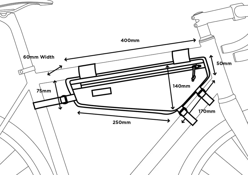Technische tekening met de afmetingen en specificaties van de Restrap Frame Bag in maat Medium.