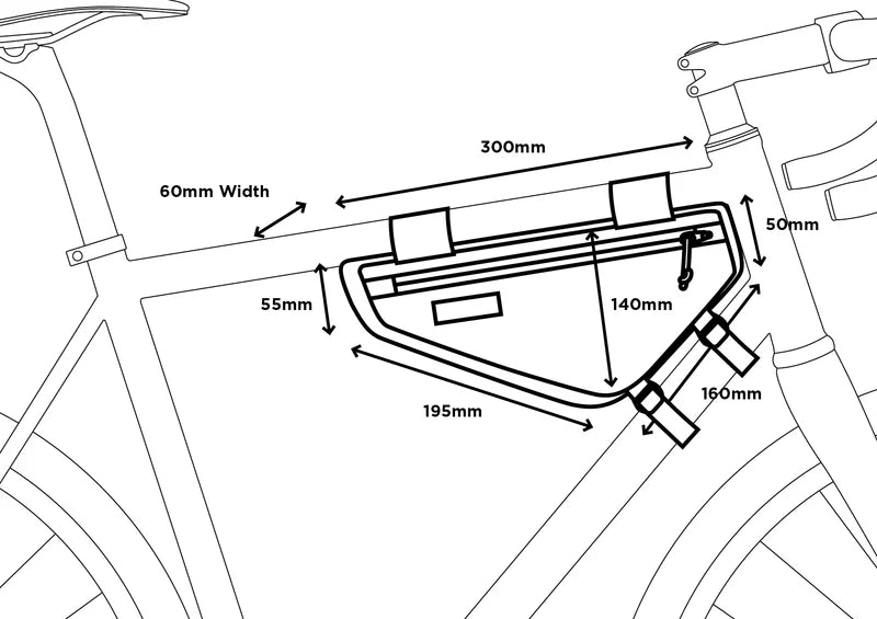 Technische tekening met de afmetingen van de Restrap Frame Bag in maat small.
