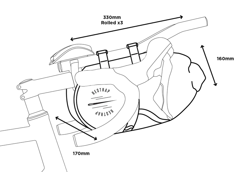Technische tekening met de afmetingen van het holster en de drybag van de Restrap Race Aero Bar Bag.