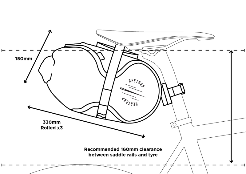Technische tekening met afmetingen en specificaties van de Restrap Race Saddle Bag 7L.