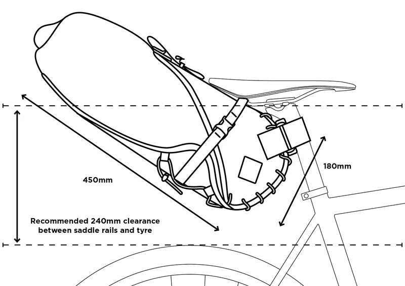 Technische tekening met de afmetingen en benodigde ruimte voor de Restrap Saddle Bag 14L.