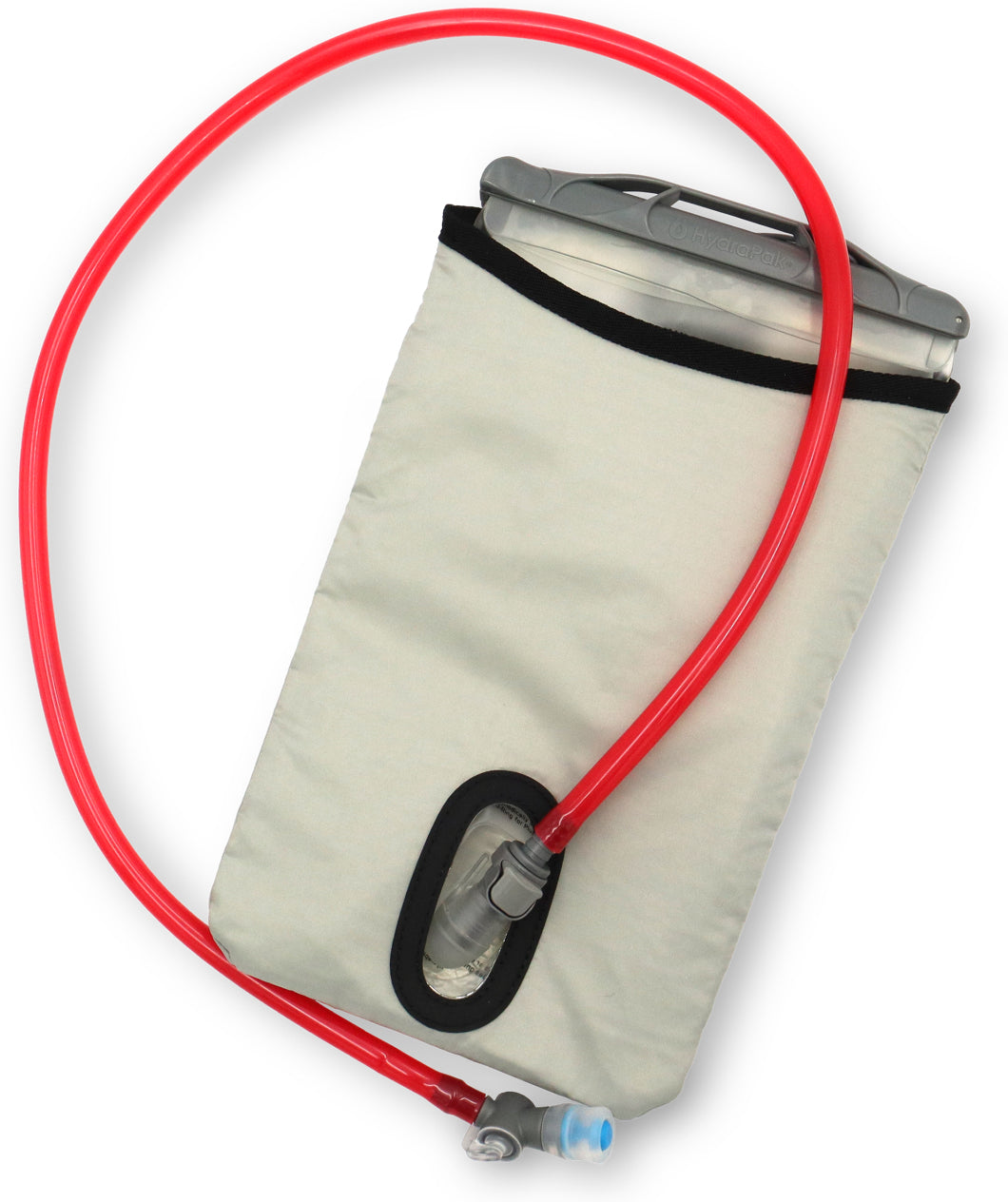 De meegeleverde 2 liter USWE Elite drinkzak met rode slang en Plug-n-Play koppeling, liggend op een witte achtergrond.