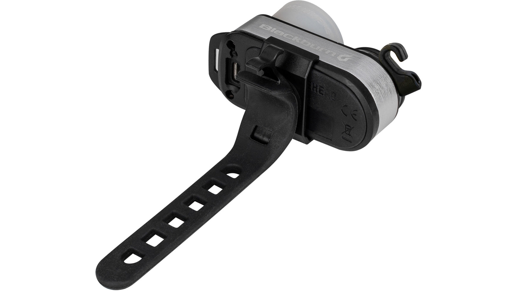 Achterkant van de Blackburn Outpost lamp die de clip en de siliconen strap-bevestiging toont.