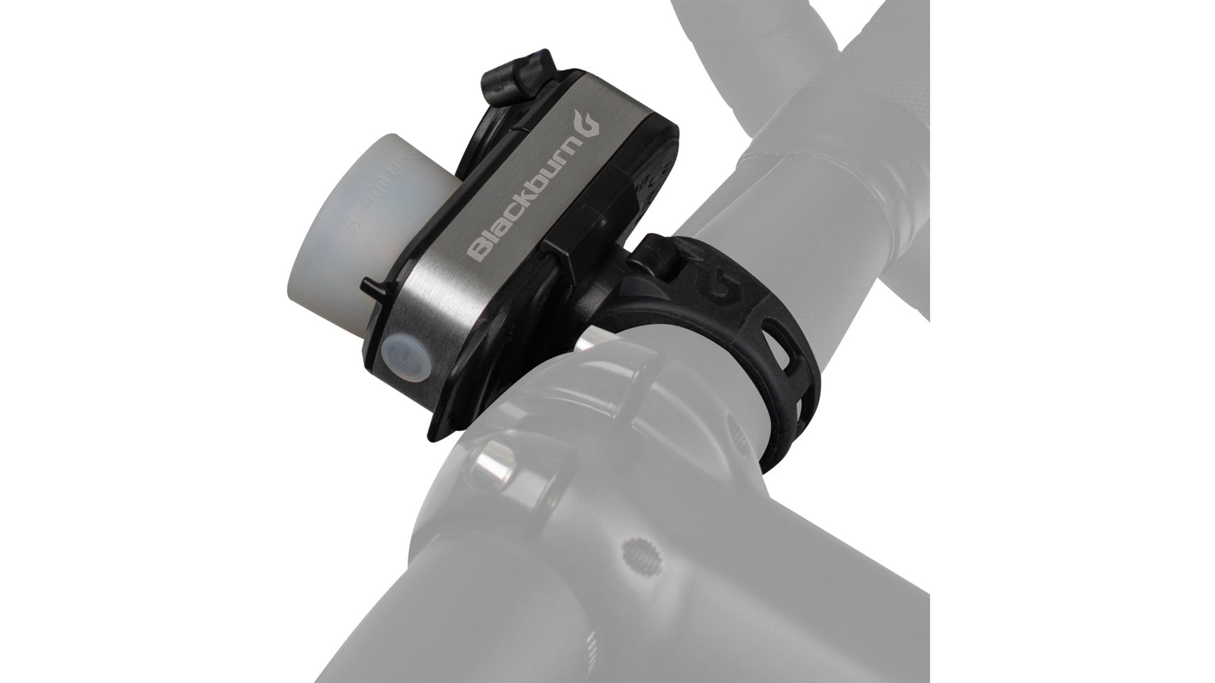 De Blackburn Outpost lamp gemonteerd op een fietsstuur met de siliconen strap, functionerend als fietsvoorlicht.