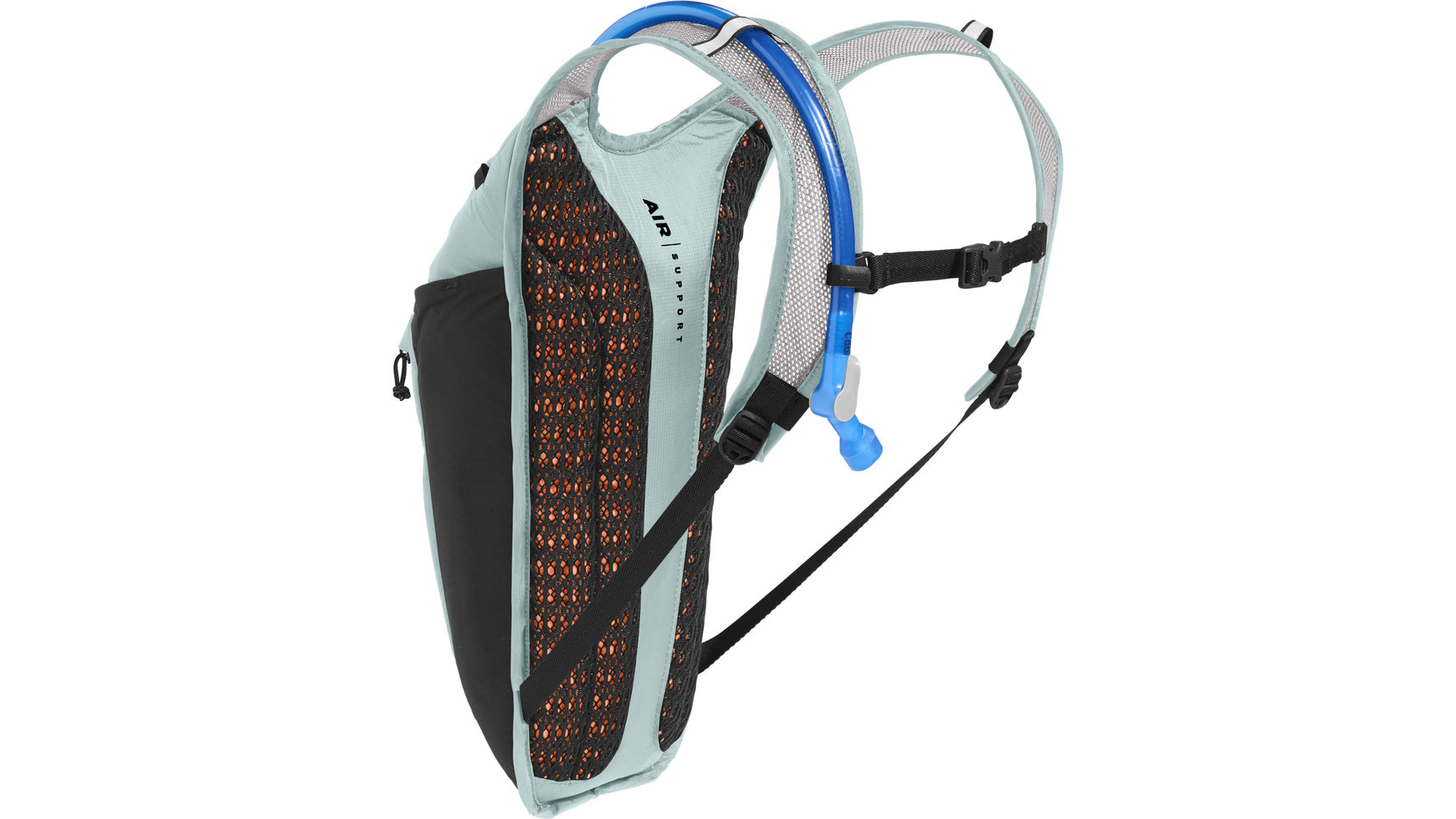 Zijaanzicht van de Camelbak Rogue Light in Haze, die het ademende rugpaneel en de drinkslang toont.