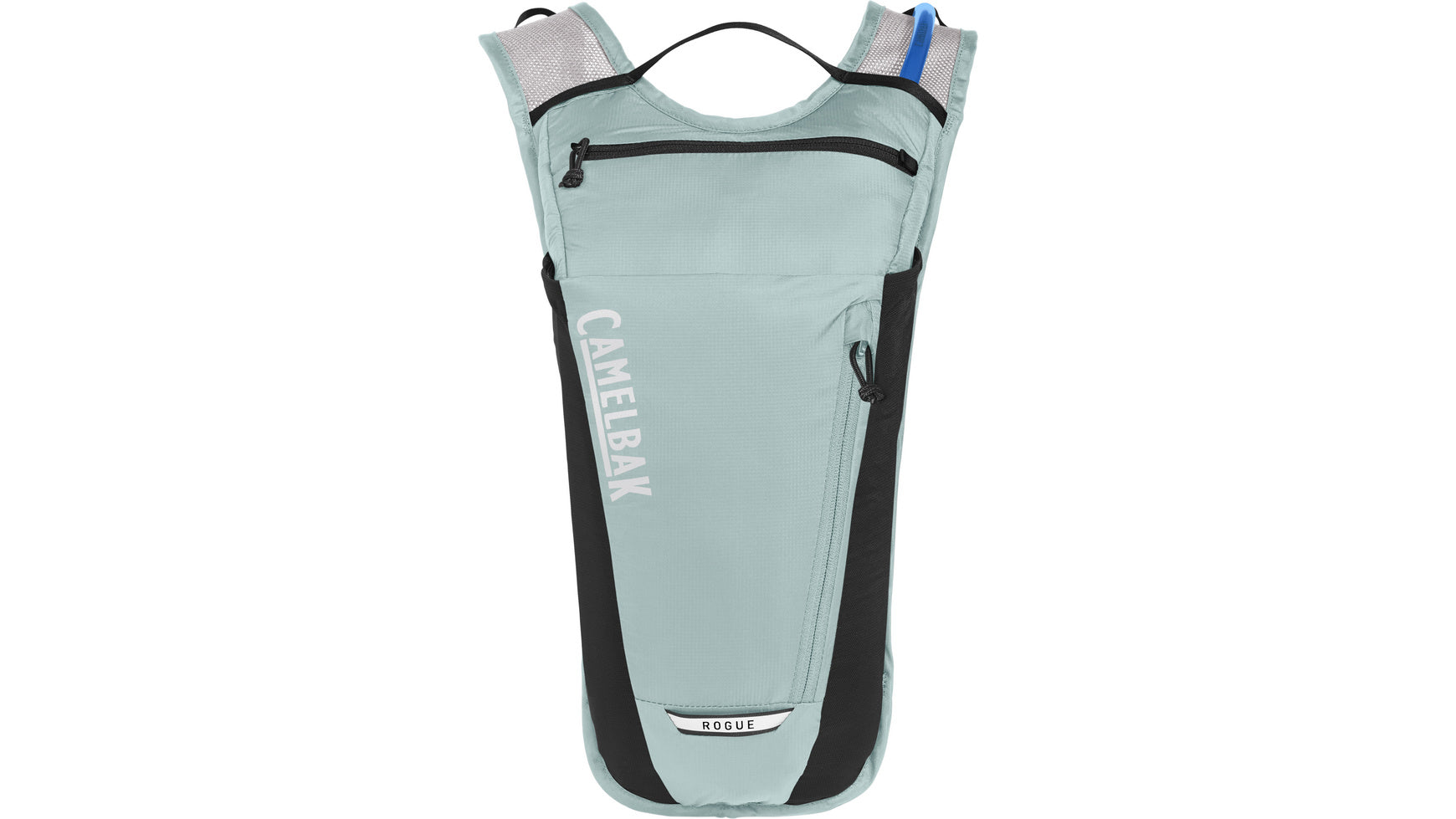 Vooraanzicht van de lichtblauwe Camelbak Rogue Light hydratatierugzak (kleur Haze).