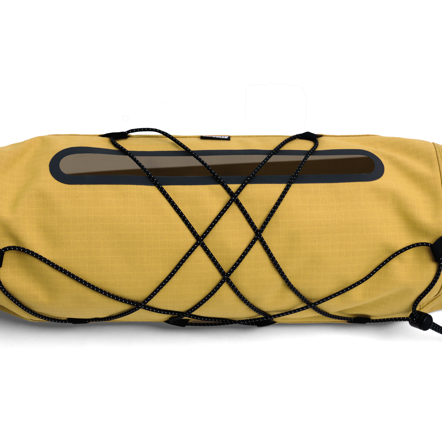 Detailopname van het bungee koord en het doorzichtige Peek-paneel op de gele Capsuled stuurtas.