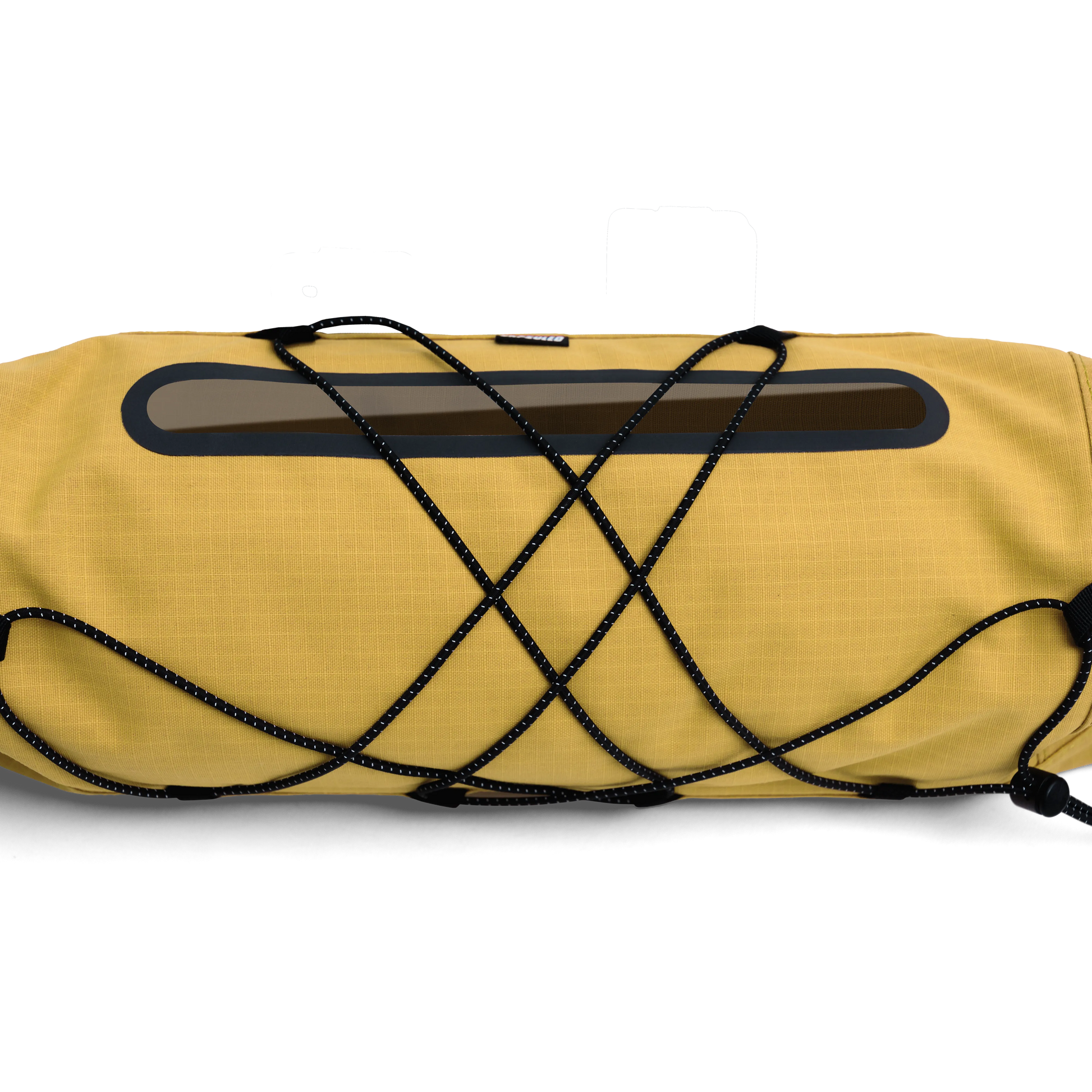 Detailopname van het bungee koord en het doorzichtige Peek-paneel op de gele Capsuled stuurtas.