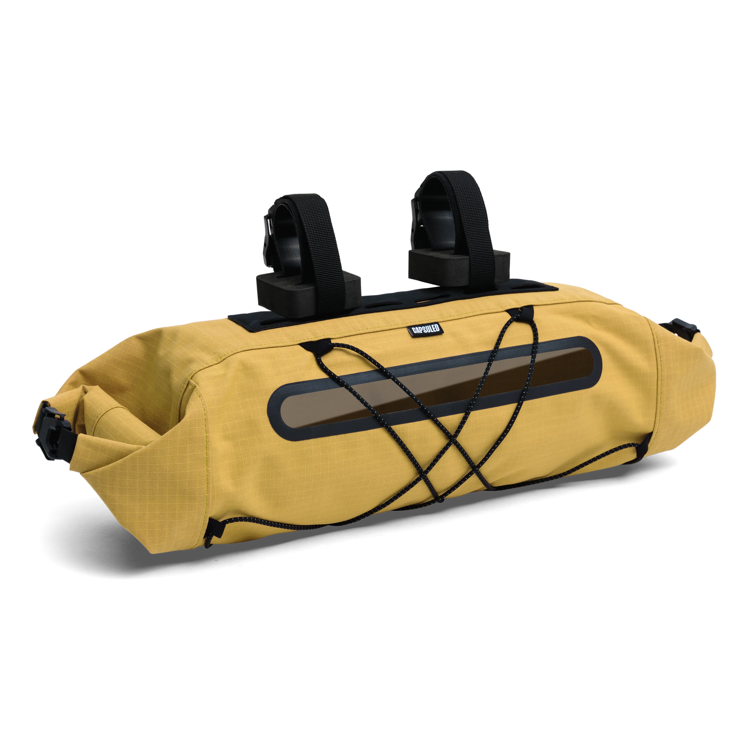 Schuin perspectief van de gele Capsuled Handlebar Bag die de vorm en bevestigingspunten toont.