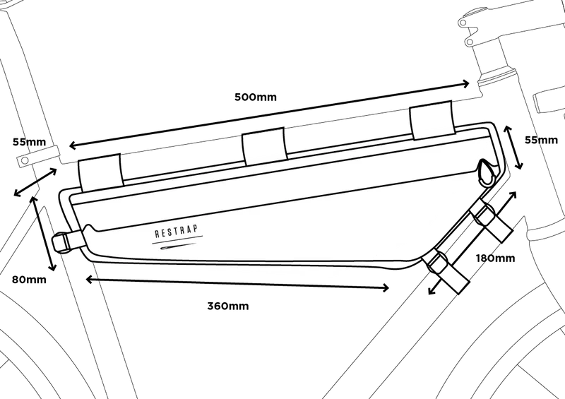 Technische tekening met de vorm en afmetingen van de Restrap Race Frame Bag Large.