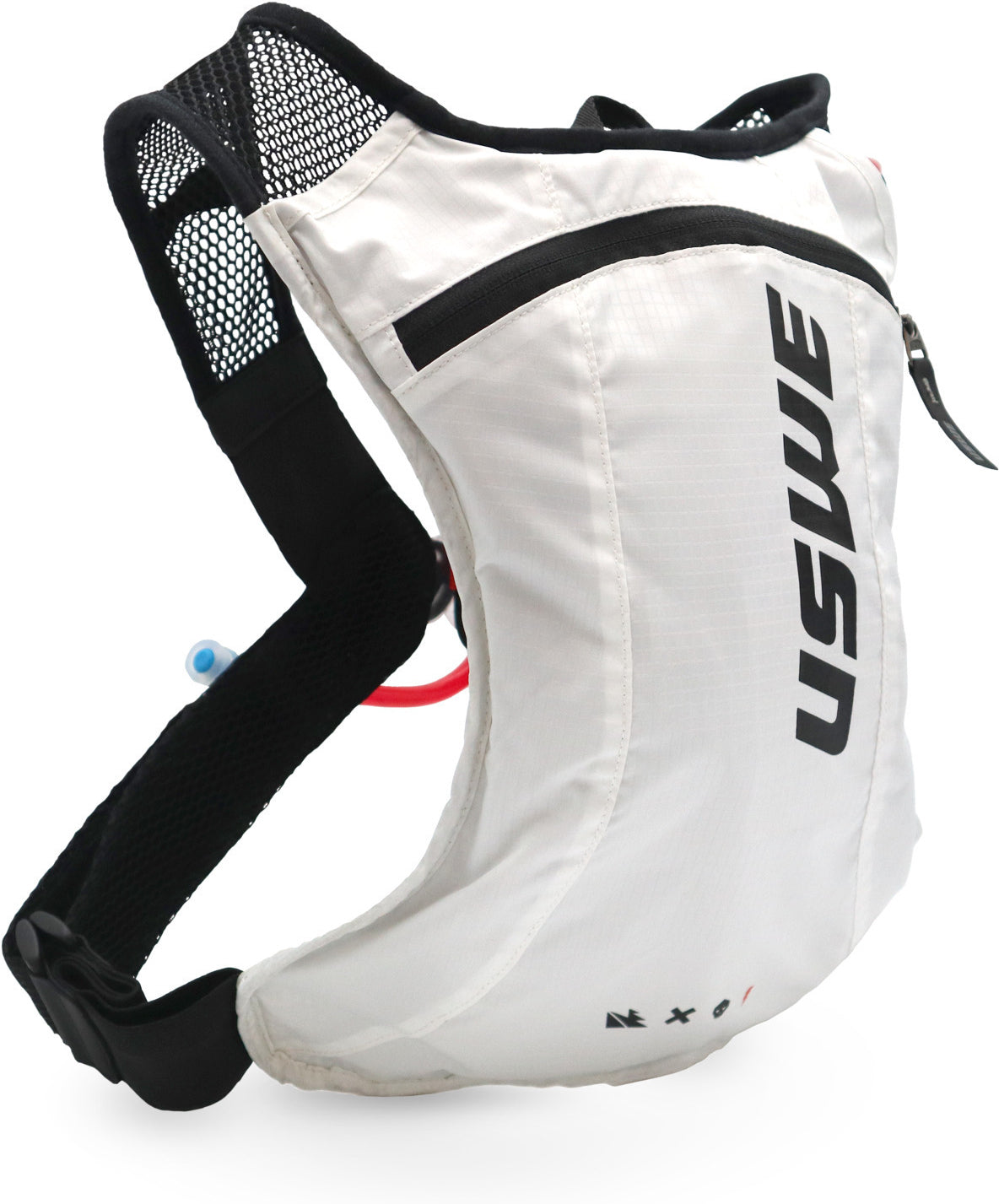 Vooraanzicht van de witte USWE Race 2.0 stuitervrije hydratatierugzak van 2 liter.