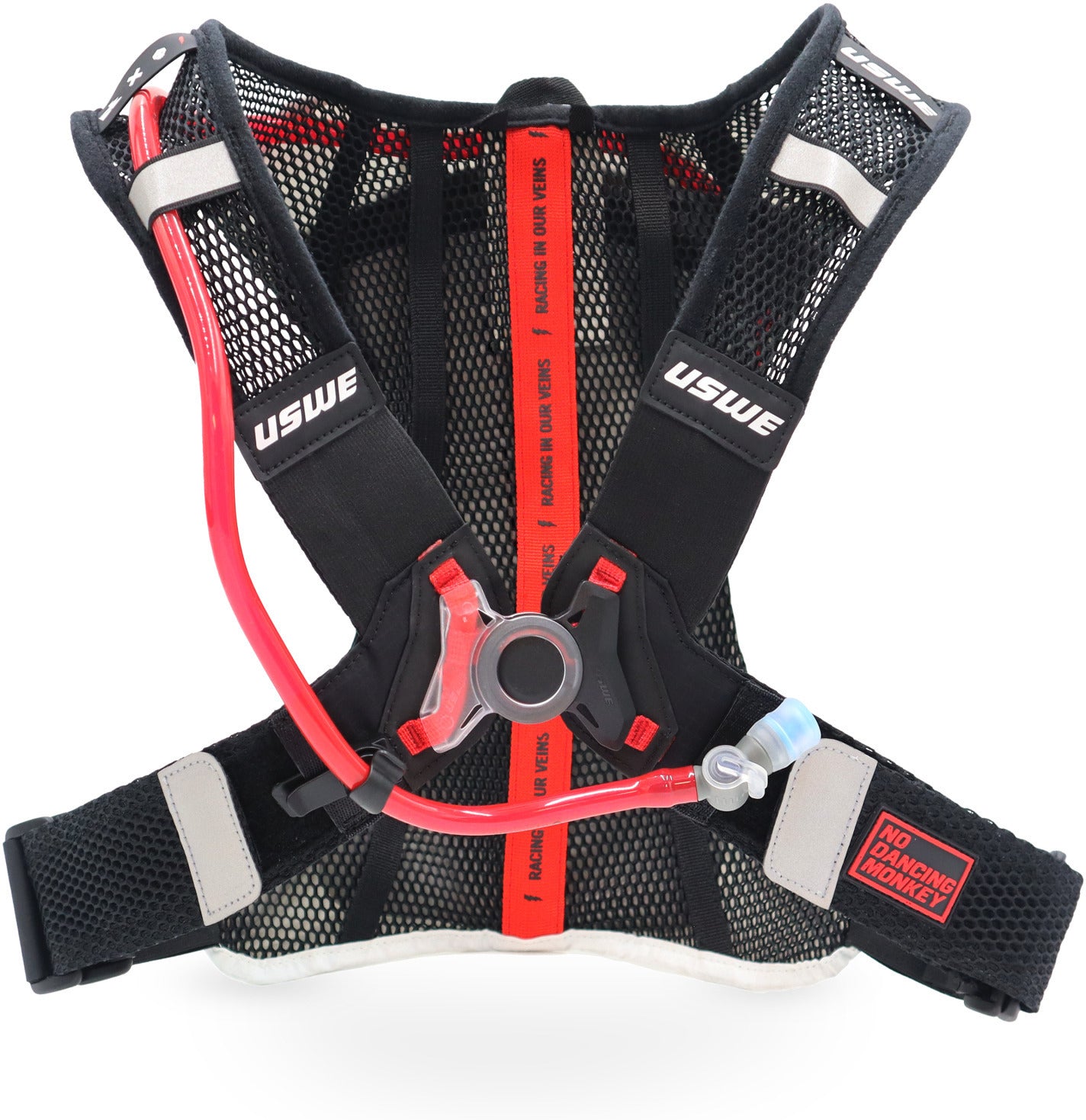 Achteraanzicht van de witte USWE Race 2.0 die het NDM 1.0 Pro (No Dancing Monkey) 4-punts harnas toont.